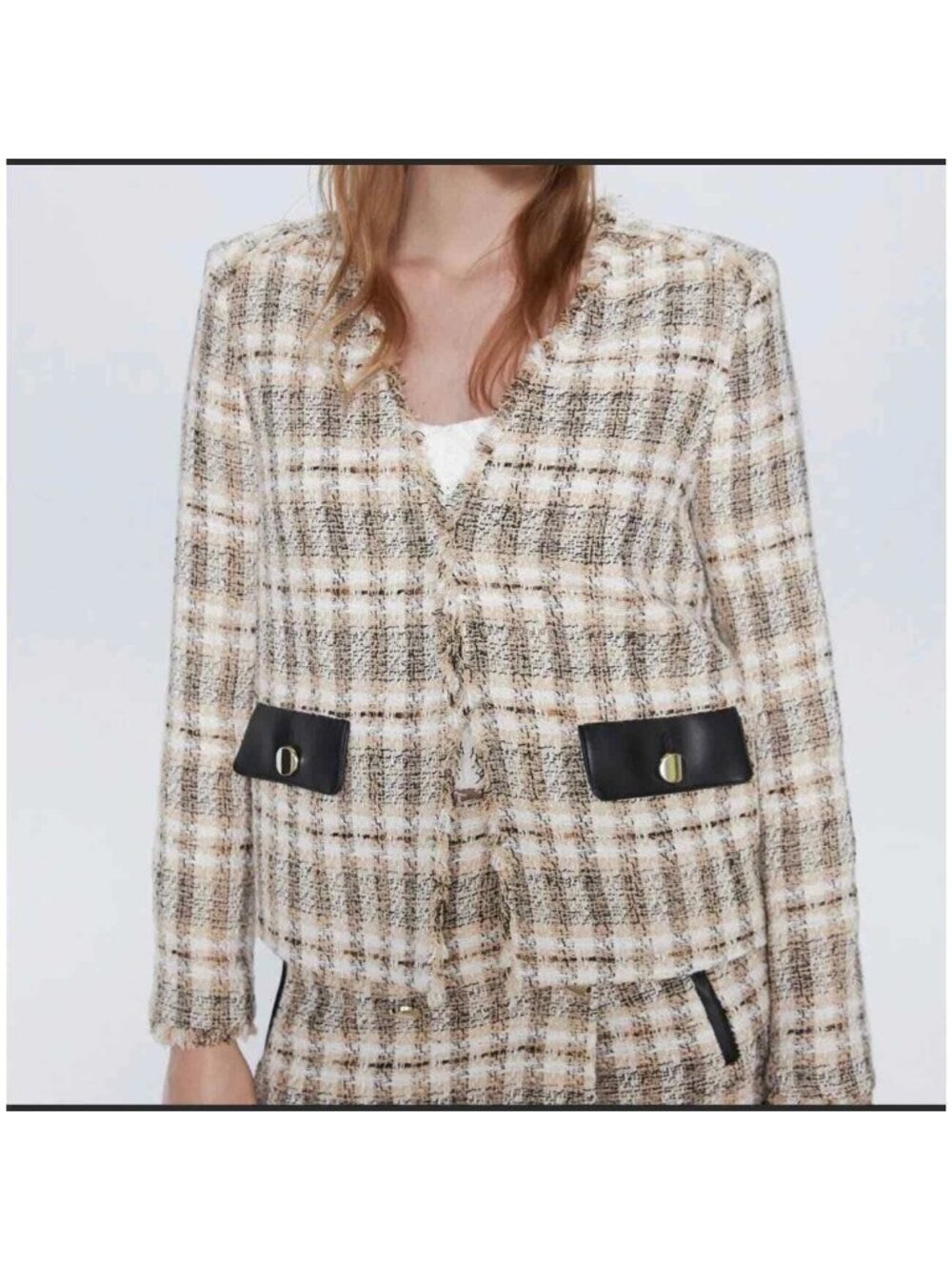 Zara Metallic Fringe Tweed Faux Leather Blazer Medium